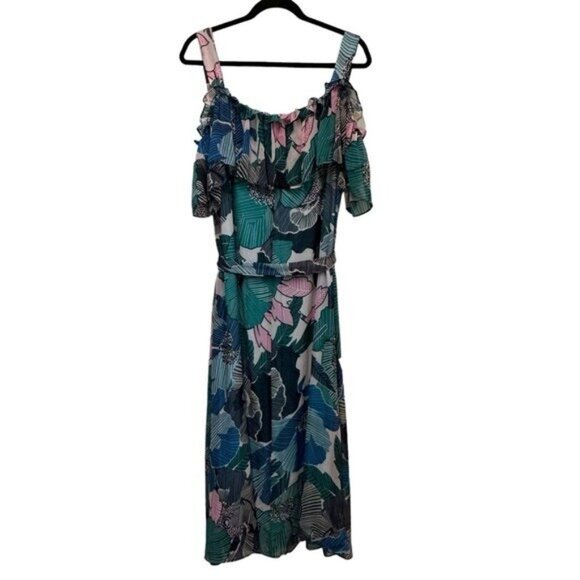 Lane Bryant 16 Petite Maxi Dress Off the Shoulder Ruffle Blue Green Floral Leaf - Picture 2 of 10